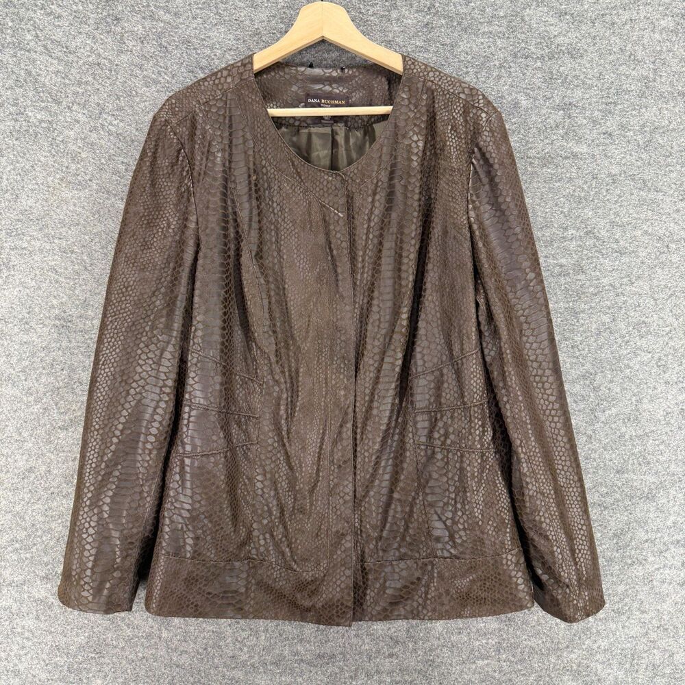 Dana Buchman Jacket Women 2X Plus Brown Animal Print Full Zip Leather Casual